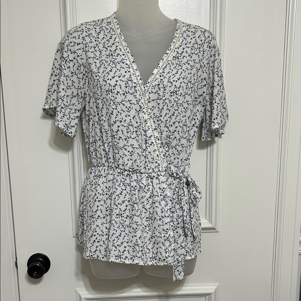 Floral Wrap Top - White and Blue